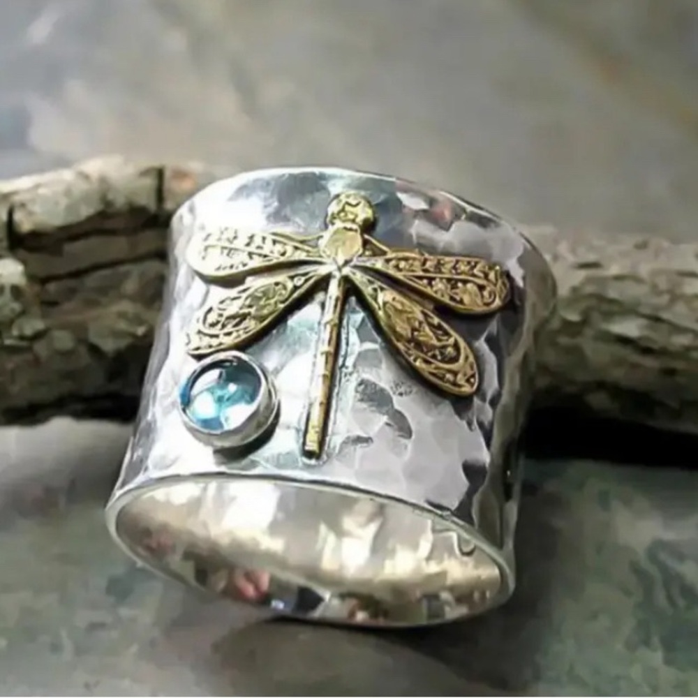 🔥SIZE 7 BRAND NEW VINTAGE BOHO STONE INLAID- WIDE BAND W NATURAL GEMSTONE🔥